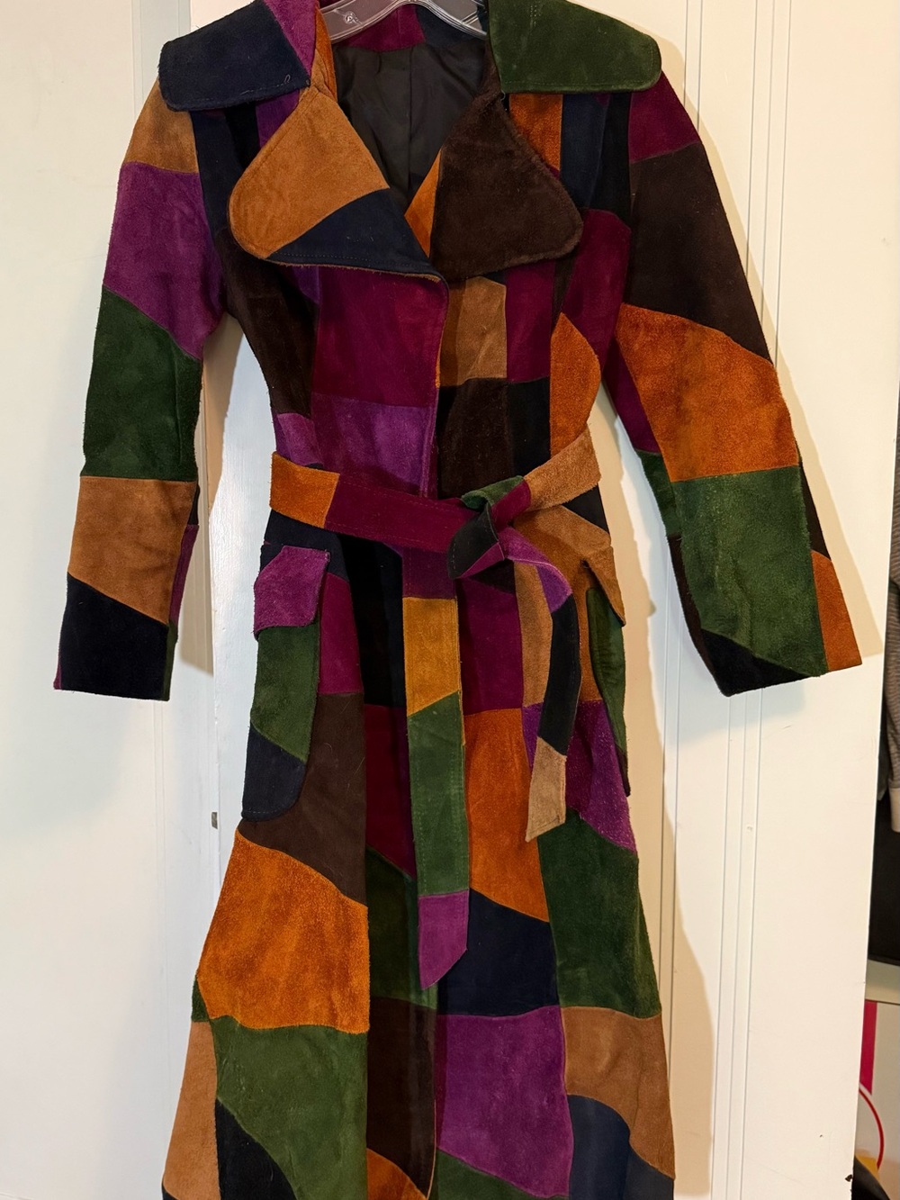 70s Vintage Multicolor Patchwork Suede Trench Coat, Great Condition, Sz Small - Picture 1 of 6